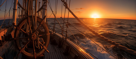 Sailing ship at sea with a panoramic view of the sunsetの素材