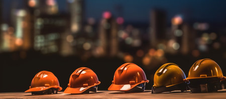 Safety helmets in construction with blur light town backgroundの素材