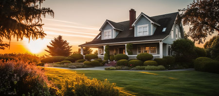 Beautiful Home Exterior with sunshine or sunriseの素材