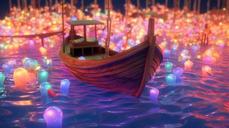 3d illustration of a sailboat floating in the sea with bokeh lightsの素材