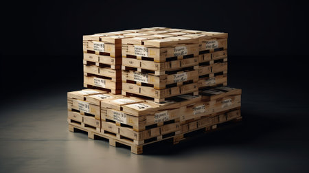 Wooden pallets stacked in a row on a gray backgroundの素材