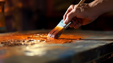 Painting a wooden surface with a paintbrush, close-upの素材