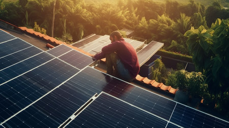 Technician working on solar panel in solar power plant. Alternative energy concept.の素材