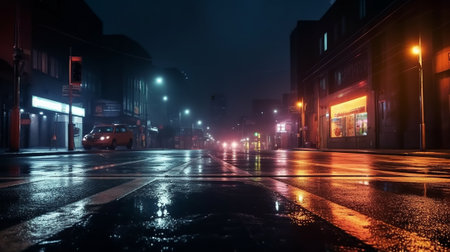 Night city street in a foggy day with wet pavement and carsの素材