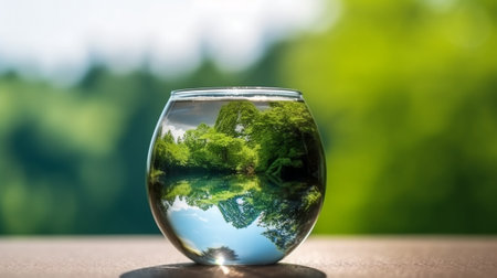 Small green plant in a round glass vase on a blue backgroundの素材
