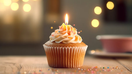 Birthday cupcake with candle on wooden table and bokeh backgroundの素材