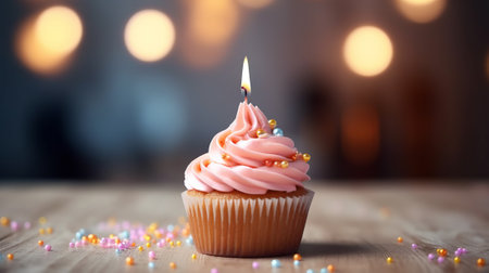Birthday cupcake with candle on wooden table and bokeh backgroundの素材