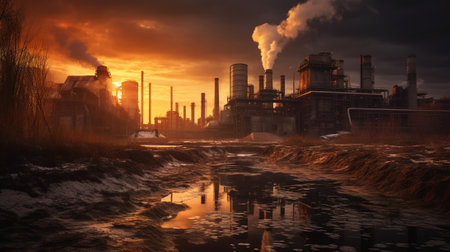 Industrial landscape with smokestacks at sunsetの素材