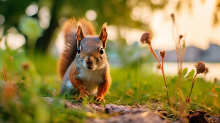 Red squirrel sits on a log in the forest and looks at the cameraの素材