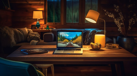 Working place with laptop and computer on a wooden tableの素材