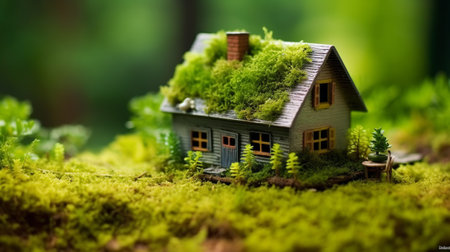 Miniature house on green moss background. Real estate and property concept.の素材