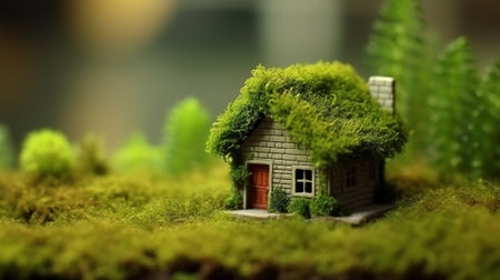 Miniature house on green moss background. Real estate and property concept.の素材