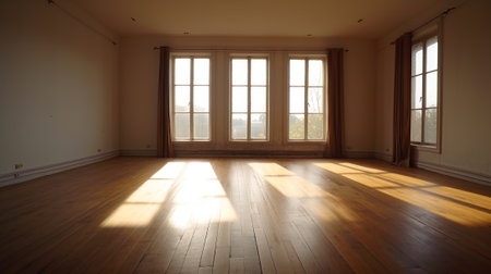 Empty room with large windows and wooden floorの素材