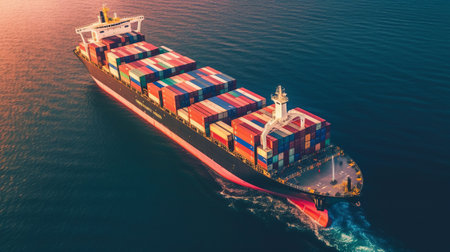 Container Cargo freight ship with working crane bridge for Logistic Import Export backgroundの素材