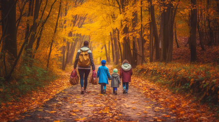 Family walking in autumn forest. Mother, father and children with backpacks walking in autumn forest.の素材