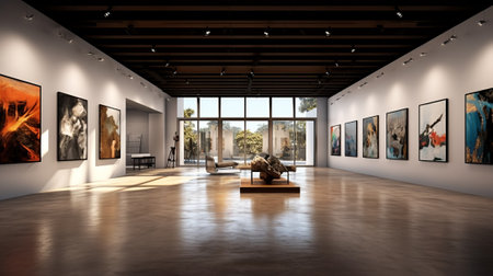 Modern art gallery interior with paintings on the wallの素材