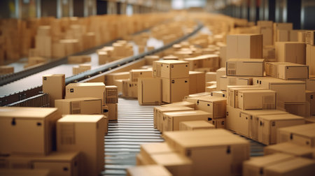 Cardboard boxes on conveyor belt in warehouse. 3d renderingの素材