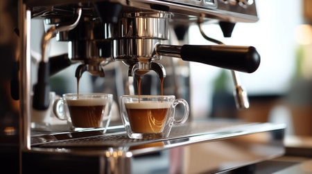 Professional coffee machine making cappuccino in cafe, closeupの素材