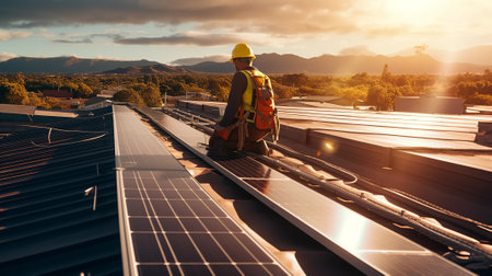Engineer working on the roof of a solar power plant. Photovoltaic modules.の素材