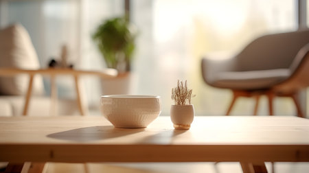 Empty white ceramic vase on wooden table in modern living room.の素材