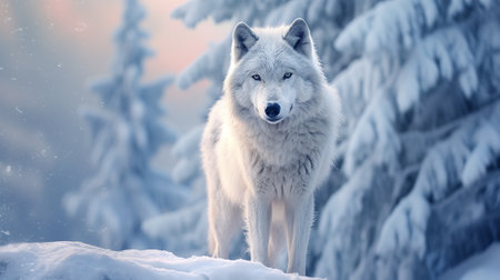 White wolf in the winter forest. Animal in the nature habitat.の素材