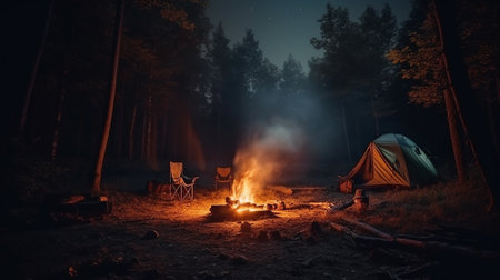 Camping in the forest at night with a bonfire and a tentの素材