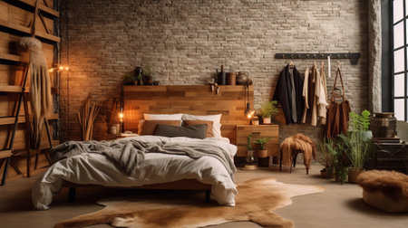 style bedroom with brick walls and wooden floorの素材