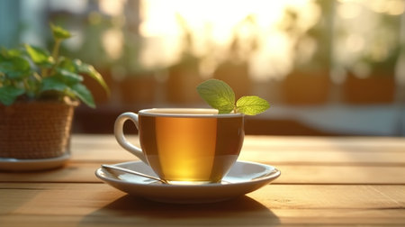 Cup of tea with mint on table in cafe, closeupの素材