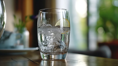 Pouring water from bottle into glass on table in cafe, closeupの素材