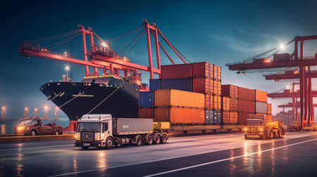 Industrial Container Cargo freight ship with working crane bridge at night for Logistic Import Export background.の素材