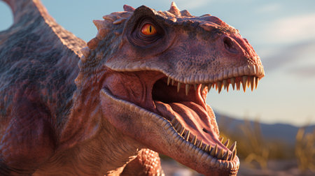 Dinosaur in the rain with open mouth and teeth, close upの素材
