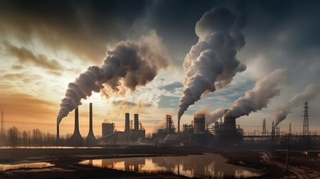 Power plant with smokestacks at sunrise. Panoramic viewの素材