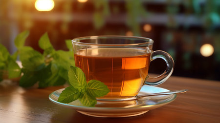 Cup of tea with mint on table in cafe, closeupの素材