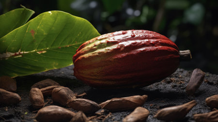 Cocoa beans in a wooden box on a wooden background.の素材