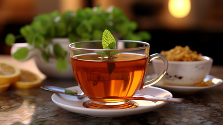 Cup of tea with mint on table in cafe, closeupの素材