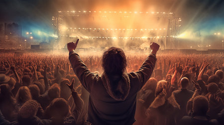 Crowd cheering at a concert in front of a big city.の素材