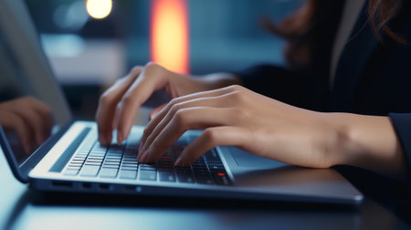 Close up of business hands typing on laptop computer at office.の素材