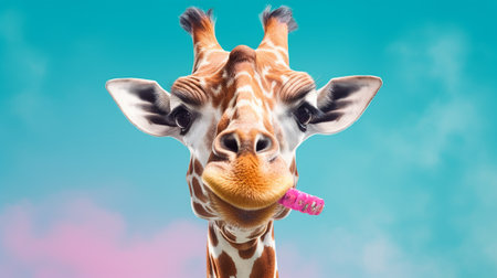 giraffe with toothbrush in mouth, isolated on blue backgroundの素材
