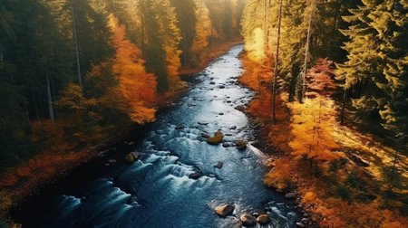 Aerial view of a mountain river flowing through the autumn forest.の素材