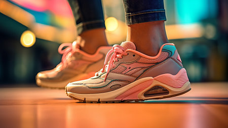 Close up of woman's legs in sneakers on the floorの素材