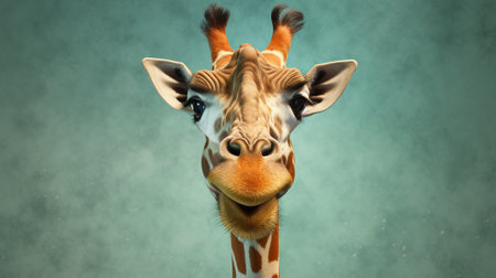 giraffe with toothbrush in mouth, isolated on blue backgroundの素材