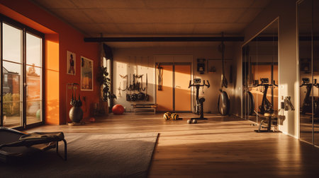 Interior of a modern fitness hall with sport equipmentの素材