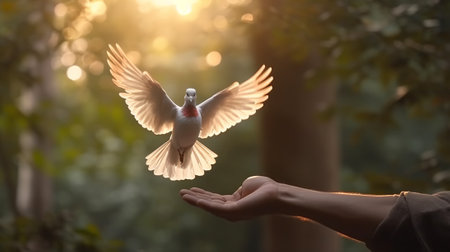 Female hand holding a white dove on the background of the setting sunの素材