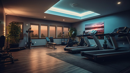 Interior of a modern fitness hall with sport equipmentの素材