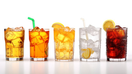 Cocktails in a row with ice cubes on a white backgroundの素材