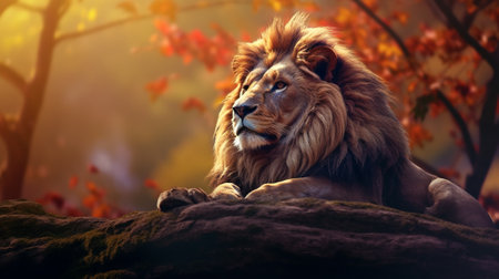 Lion sits on a rock and looks at the sunsetの素材