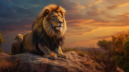 Lion sits on a rock and looks at the sunsetの素材