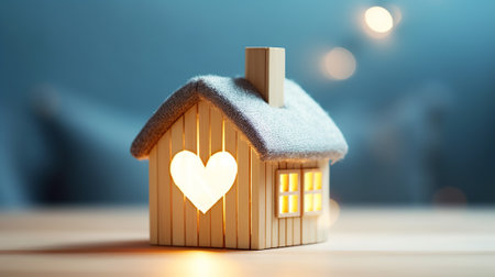 Wooden toy house with heart shape on the table in the roomの素材