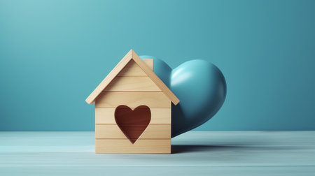 Wooden toy house with heart shape on the table in the roomの素材