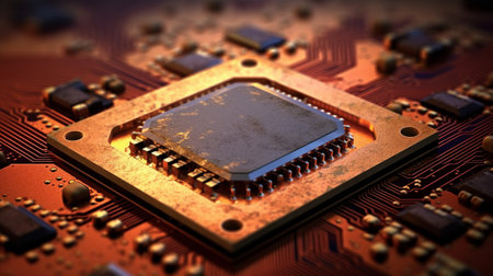 3d illustration of cpu in circuit board, closeup of photoの素材